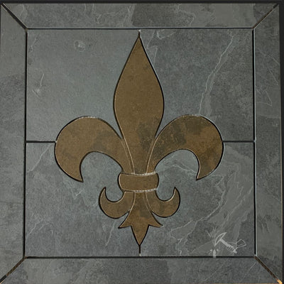 Fleur de Lis Tile Medallion made from Black Slate tile and Dark Copper Porcelain tile.