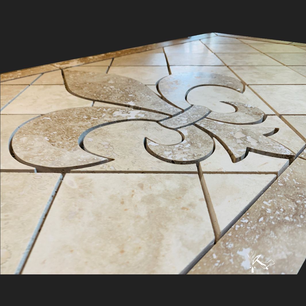 Closeup picture of 42" wide Fleur de Lis Medallion crafted from travertine tile.