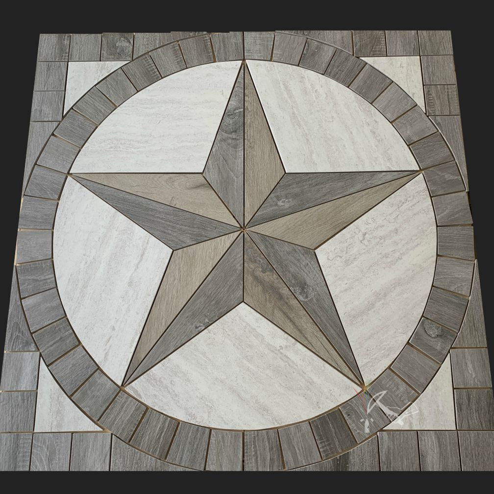Texas Star Tile Insert / Medallion made from Gray Wood Look Porcelain tile