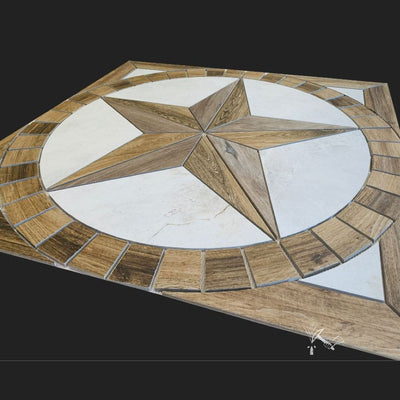 Texas Star Floor Medallion - Made from Porcelain Tile Resembling Wood and Travertine