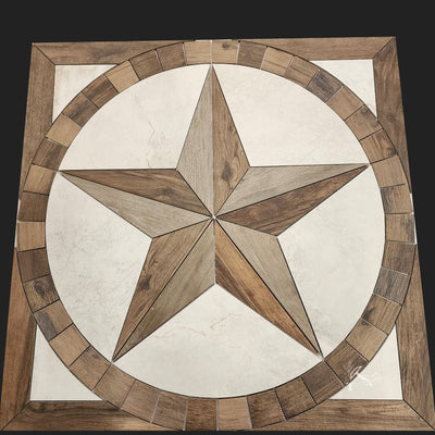 Texas Star Porcelain Tile Medallion made from grey and brown wood look tile with white light colored stone look background.