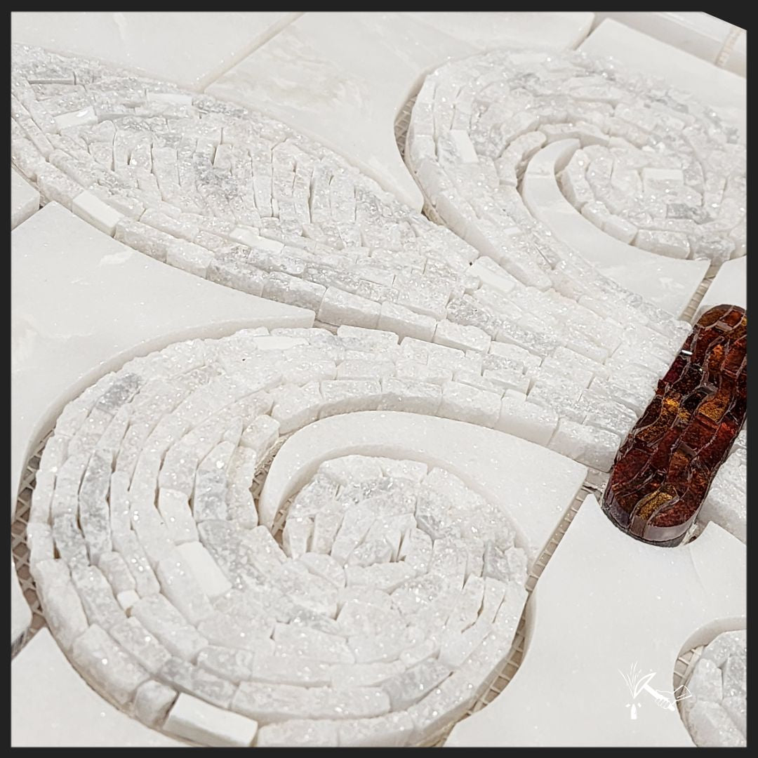 Fleur de Lis Marble Stone and Glass Art for Installation in Kitchen Backsplash or as Wall Art.
