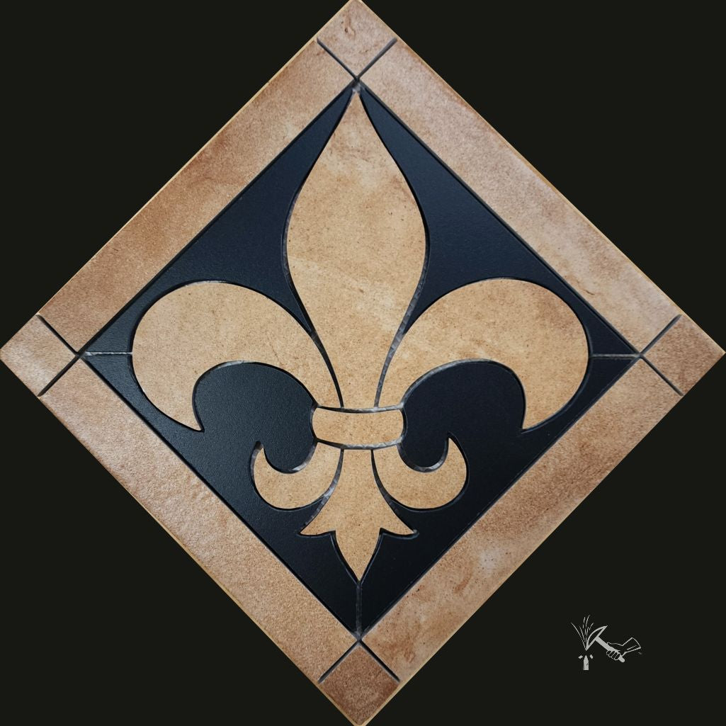 Fleur de Lis Medallion made from Terra Cotta porcelain tile with black tile background.