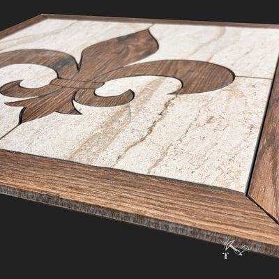 Ready to install Fleur de Lis tile backsplash or floor medallion made from wood look porcelain tile.