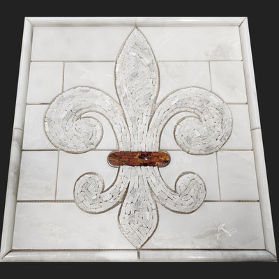 Mosaic Fleur de Lis Medallion made from hand placed marble tesserae with glass accent.  For installation as wall art or a backsplash.