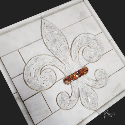 Mosaic Art Fleur de Lis Tile Insert medallion made from hand cut marble and glass with marble tile surround.