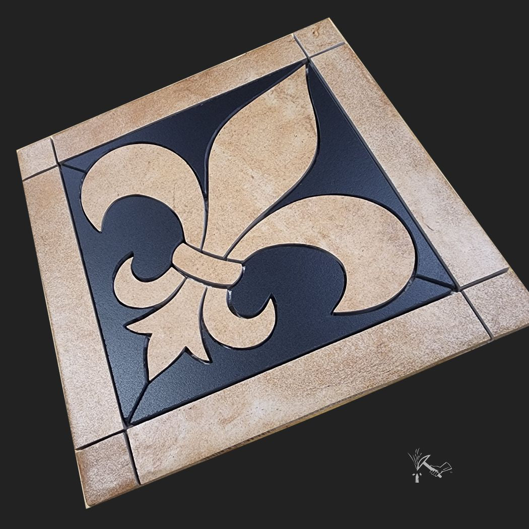 Terracotta Fleur de Lis Backsplash Medallion with a Black background