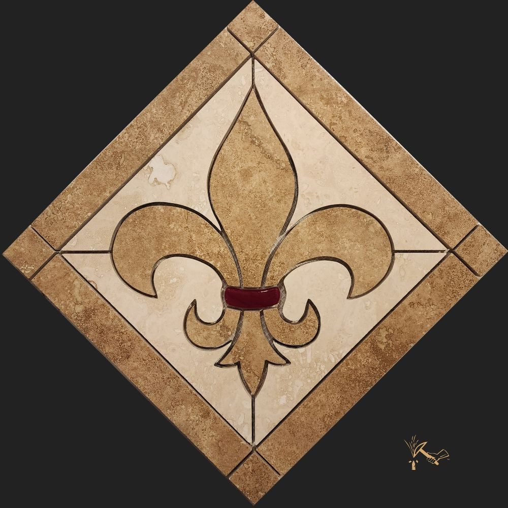 Fleur de Lis Tile Insert made from Travertine Tile and includes a custom kiln fired Red Glass Accent