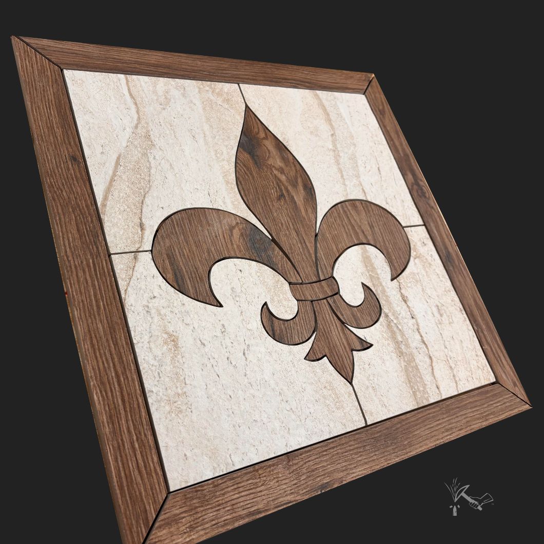Fleur de Lis Tile Floor medallion or backsplash made from wood look porcelain tile.