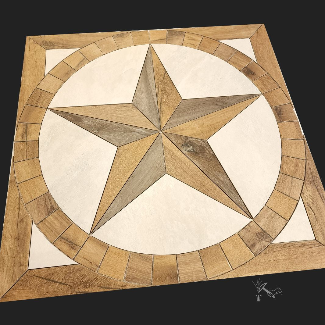 This is a Five Point Texas Star Medallion made from a warm brown wood look porcelain tile.