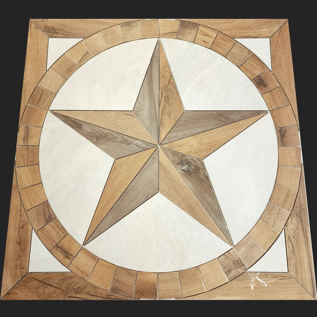 This Texas Star Floor Medallion or Backsplash is made from a Warm Wood Look Porcelain tile.