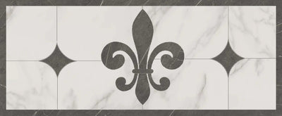 Grey and White Marble look porcelain tile Fleur de Lis medallion with curved diamond accents