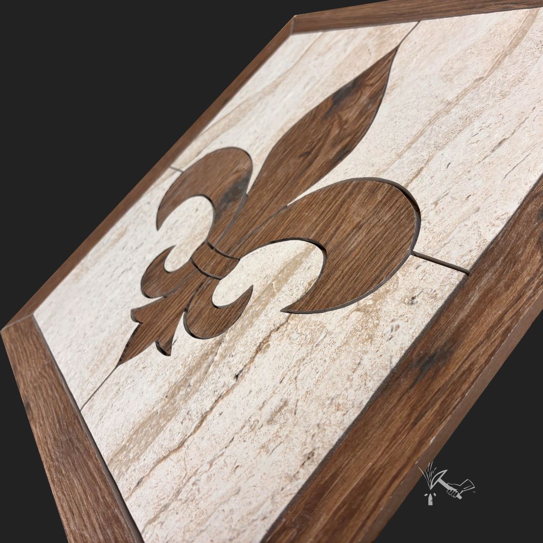 Wood look porcelain tile Fleur de Lis tile insert / medallion.