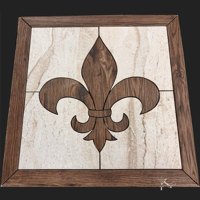 Fleur de Lis Tile Insert made from Wood Look Porcelain tile as well as stone look porcelain tile.