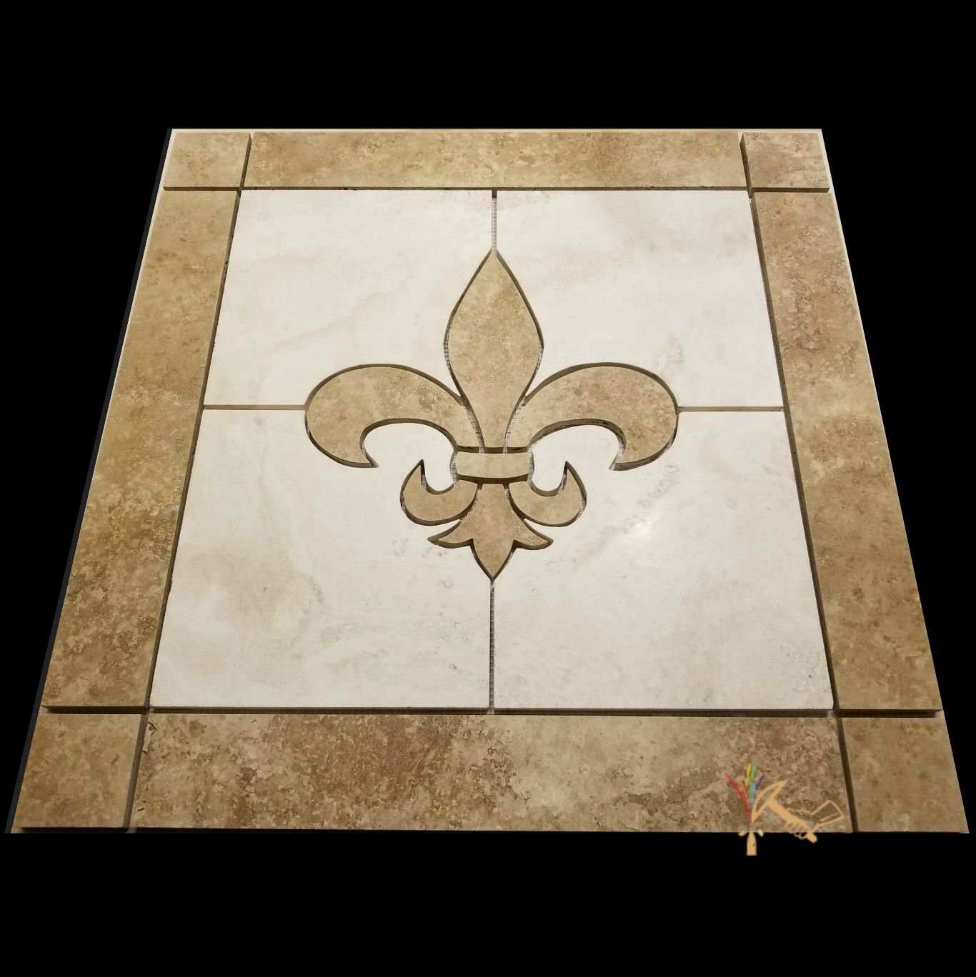 Fleur de Lis Medallion made from travertine tile which may be installed as a floor medallion or backsplash centerpiece.