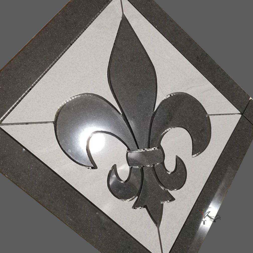 Polished Porcelain Tile Fleur de Lis Medallion or backsplash in black and gray.