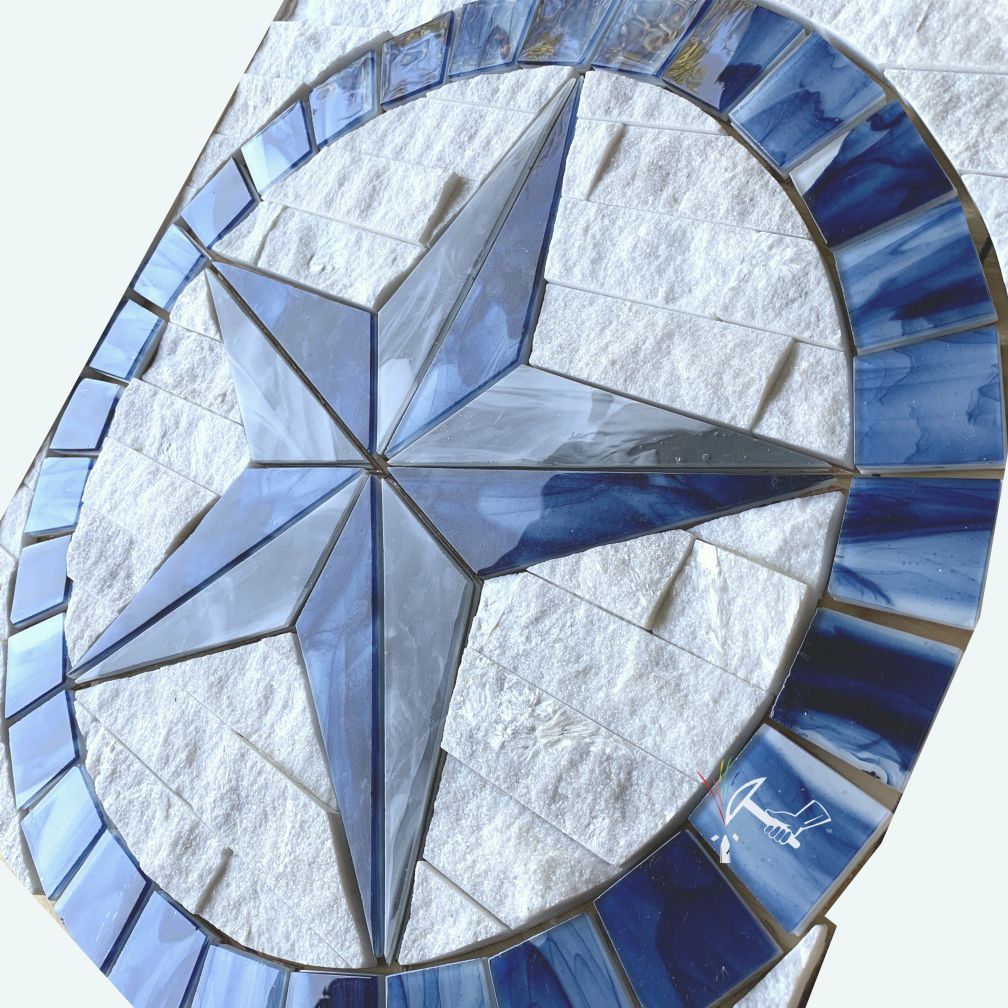 Glass and Stone Texas Star Backsplash / Wall Medallion made in Blue, Gray and White.