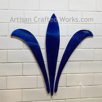 Blue Glass Palmette styled Fleur de Lis Backsplash medallion with white subway tile
