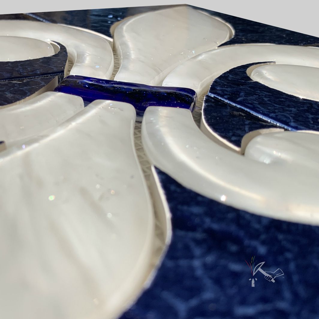 Blue and White Fleur de Lis medallion made from glass and porcelain for swimming pool