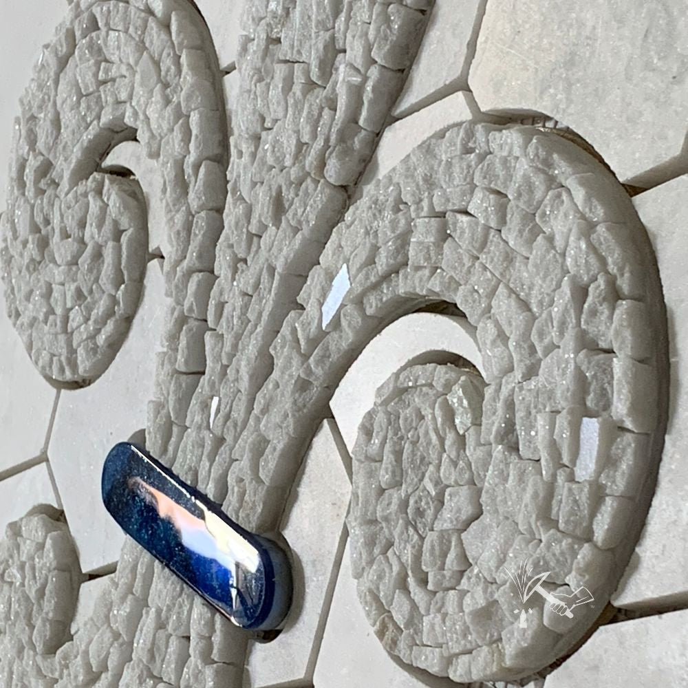 Closeup Picture of Mosaic Stone Fleur de Lis for Kitchen Backsplash Installation
