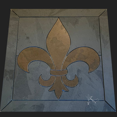 Beautiful Copper Brown Fleur de Lis with Dark Grey Slate Background and Border