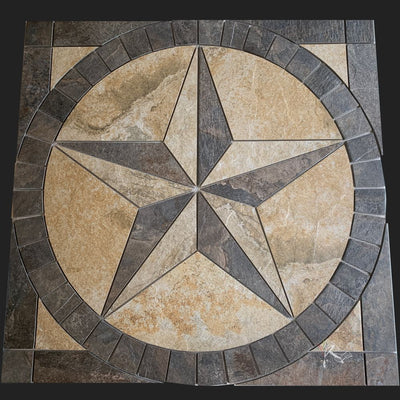 Texas Star Floor or Backsplash Medallion made from contrasting dark and light porcelain tile resembling slate.