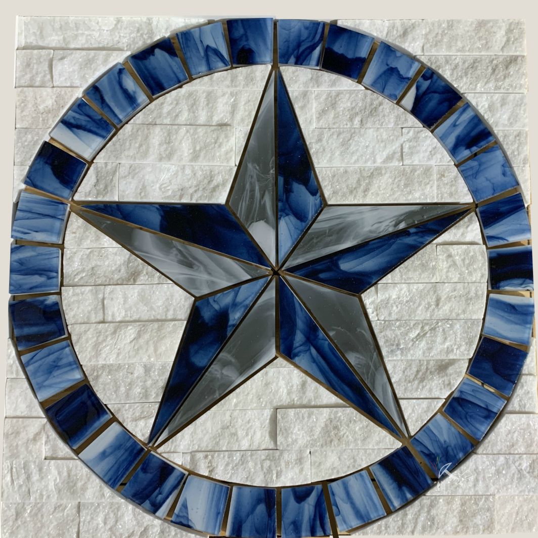 Texas Star Wall Medallion / Backsplash made from Blue and Gray Glass and ledger stone.