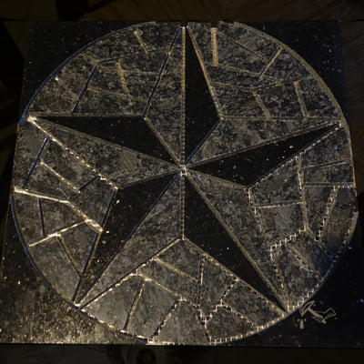 12" Texas Star Granite Backsplash Mural / Floor Medallion w/ Mosaic Fill (Black Galaxy / Steel Gray)