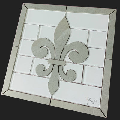 Elegance style Fleur de Lis backsplash medallion.  Made from Gray porcelain tile and white glass subway tile.  Ready to install.  Pictured image is 17.5" x 17.5"