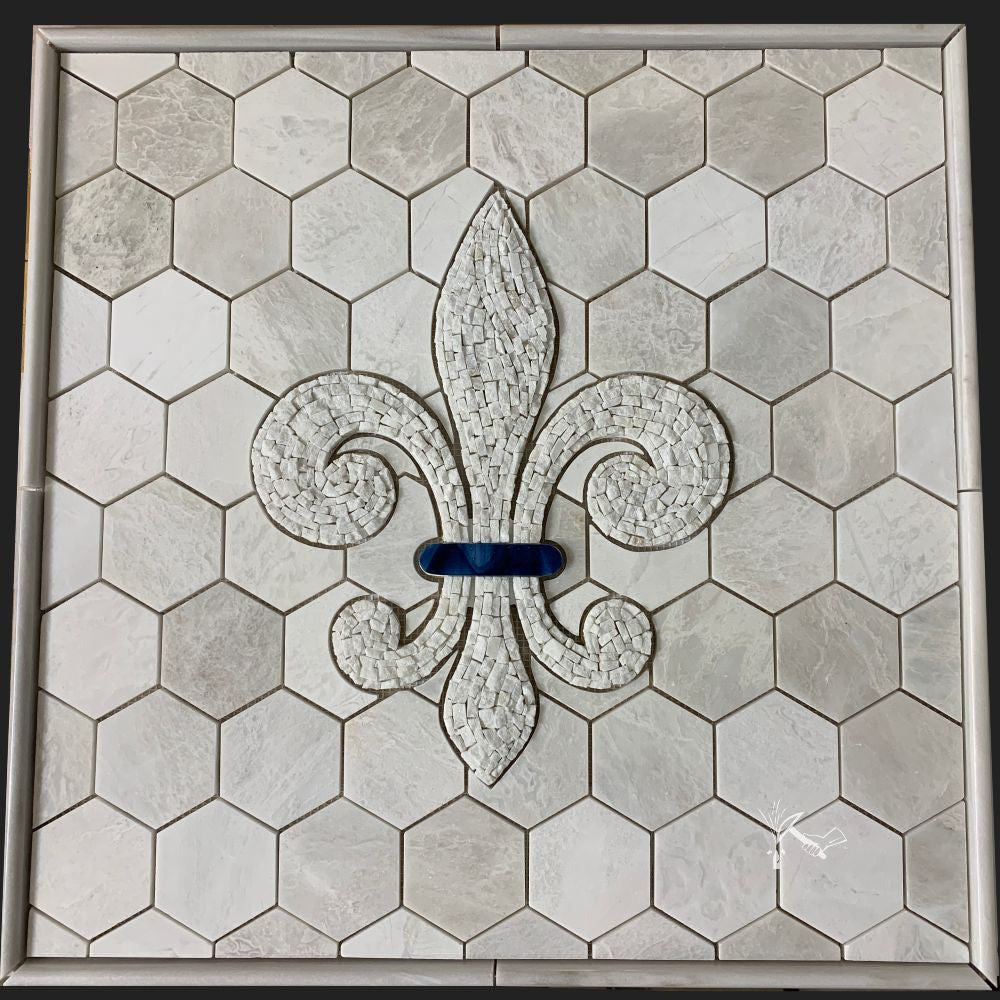 Mosaic Marble Fleur de Lis Backsplash Medallion with Kiln Fired Blue Glass Accent on hexagonal background