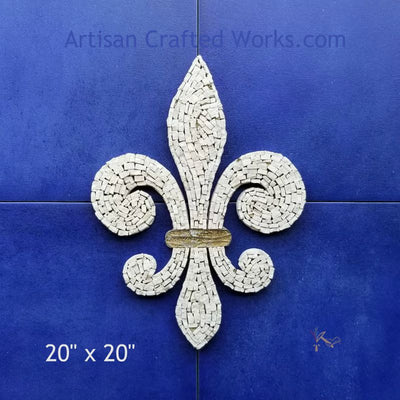 20" x 20" Gray / White Marble Fleur de Lis on Blue Porcelain Tile
