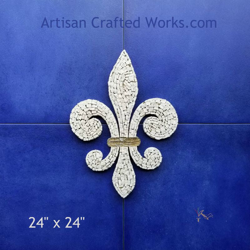 24" x 24" Gray / White Marble Fleur de Lis on Blue Porcelain Tile