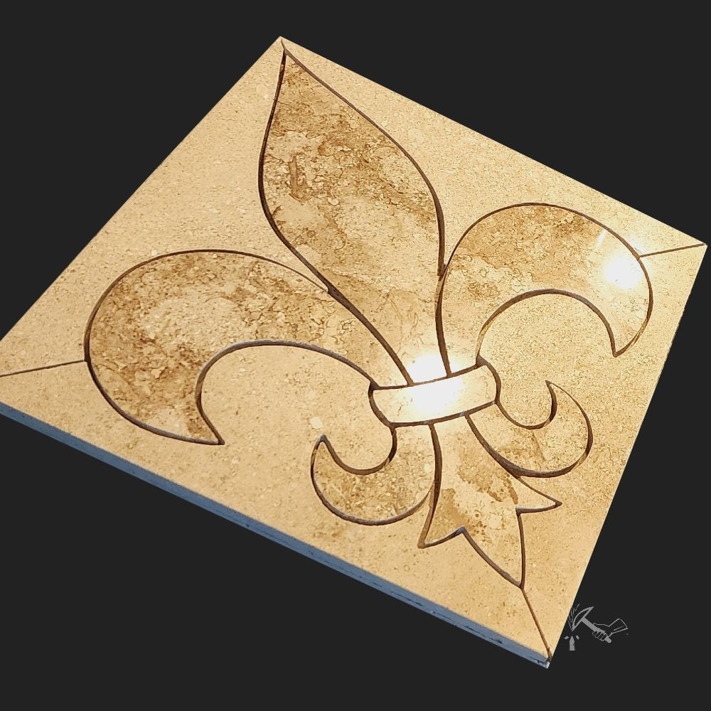 Fleur de Lis Medallion made from polished beige travertine tile for installation in shower.
