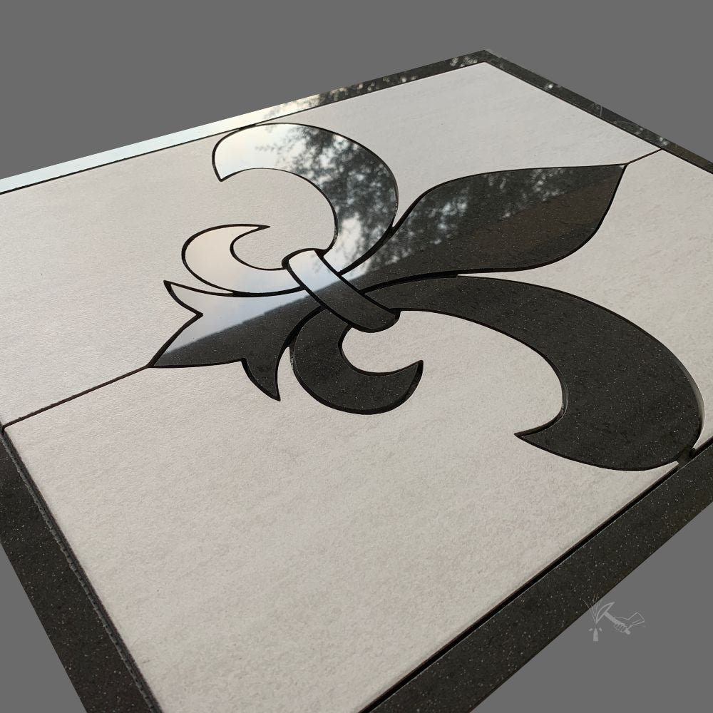 Polished Black Fleur de Lis tile medallion for installation on floor or wall / backsplash.