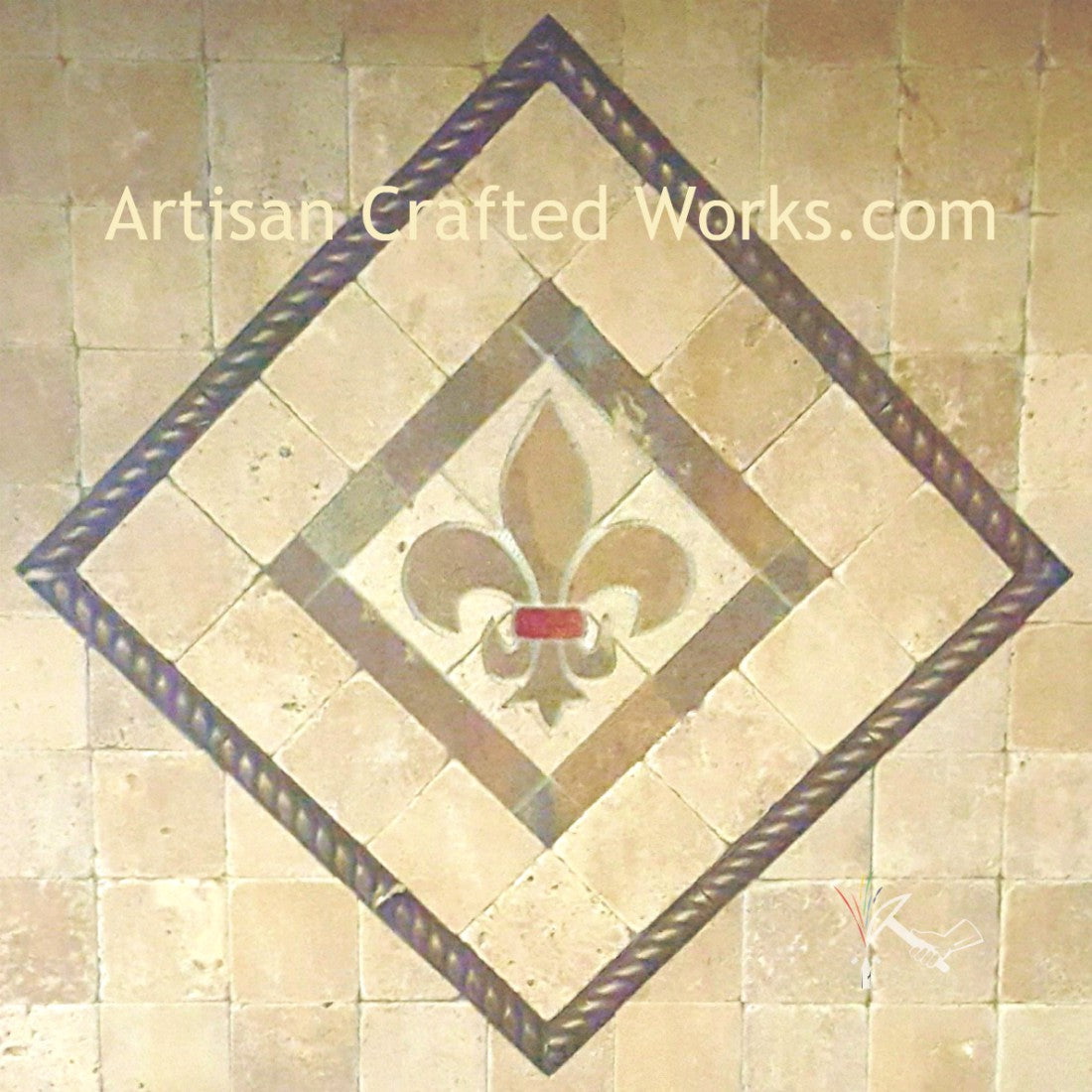 Custom made Slate look Porcelain Tile Fleur de Lis with Travertine Surround and Glass Accent