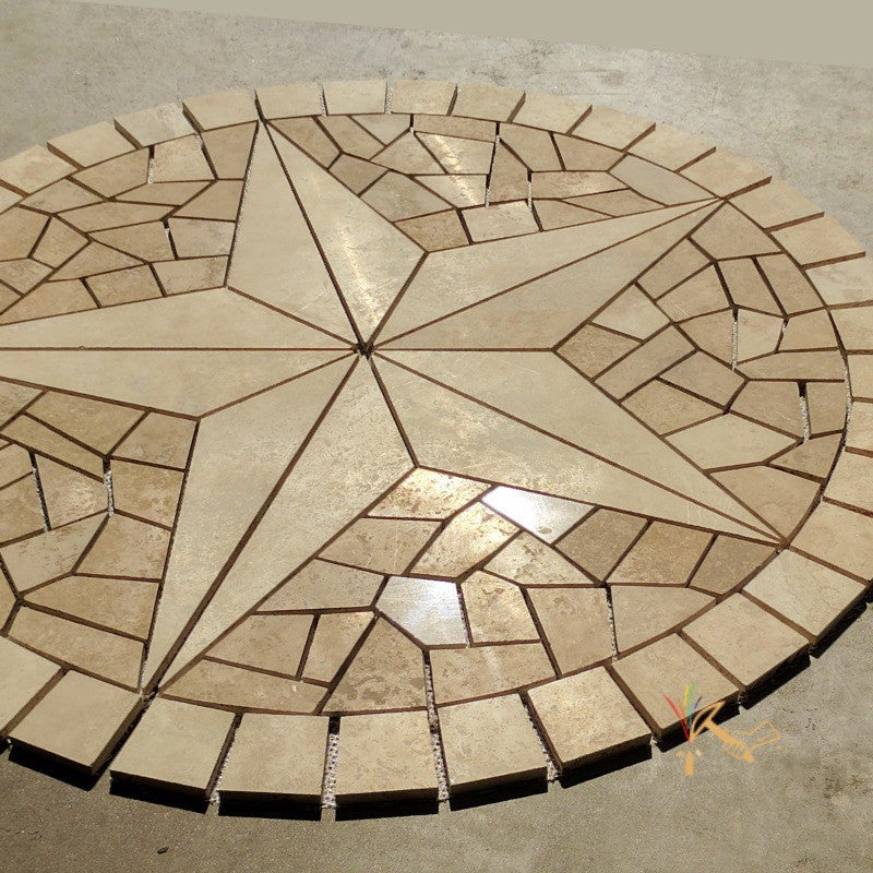 Round Tuscany beige travertine tile Texas star floor medallion.