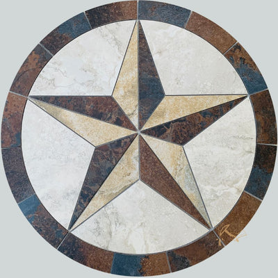 Round Texas Star Medallion made from Slate Look Porcelain Tile with Rich Browns, Copper and Blue Colors