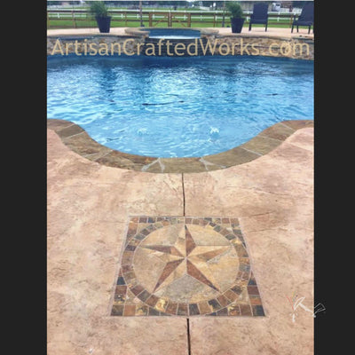 Slate look porcelain Texas Star Medallion installed in front of swimming pool.