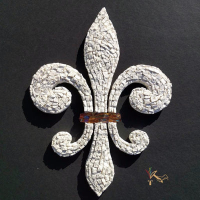 Stone Mosaic Fleur de Lis Backsplash Insert with glass accents made by Artisan Crafted Works