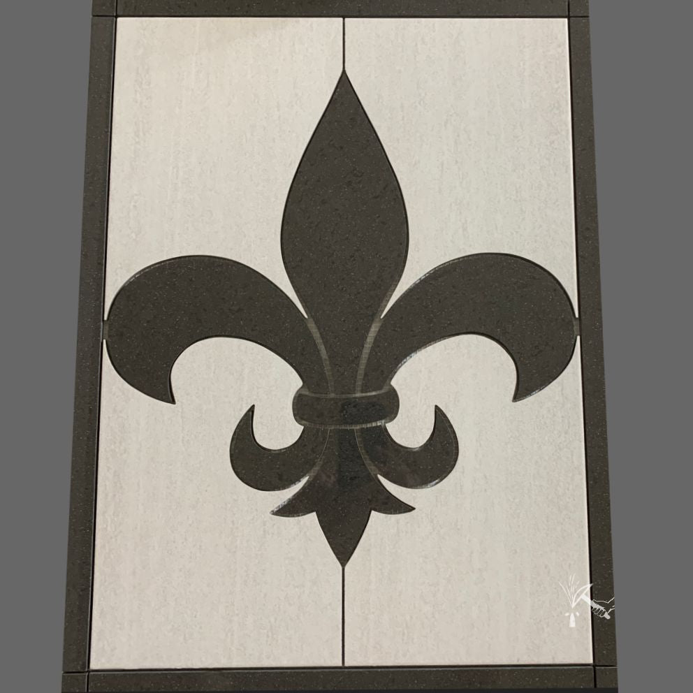 Tall rectangular Fleur de Lis medallion made from polished black and matte white porcelain tile