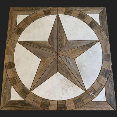 Texas Star Floor Medallion - Made from Porcelain Tile Resembling Wood and Travertine