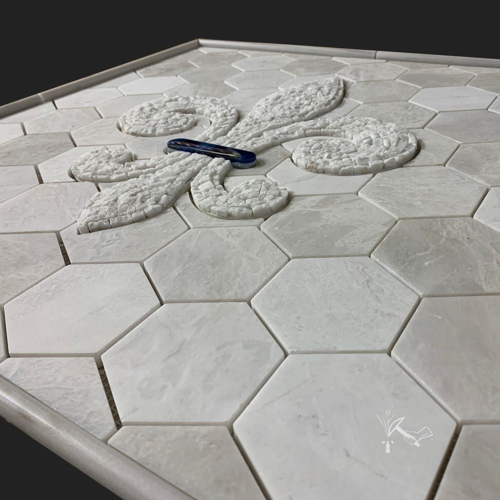Mosaic Fleur de Lis Tile Insert made from White Marble with a Marble Hexagonal Background