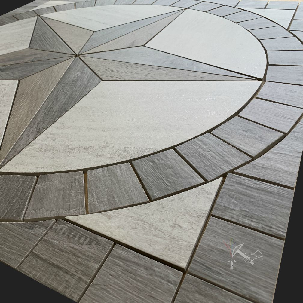 Closeup of Texas Star Tile Floor Medallion made with Gray Wood Look Porcelain Tile